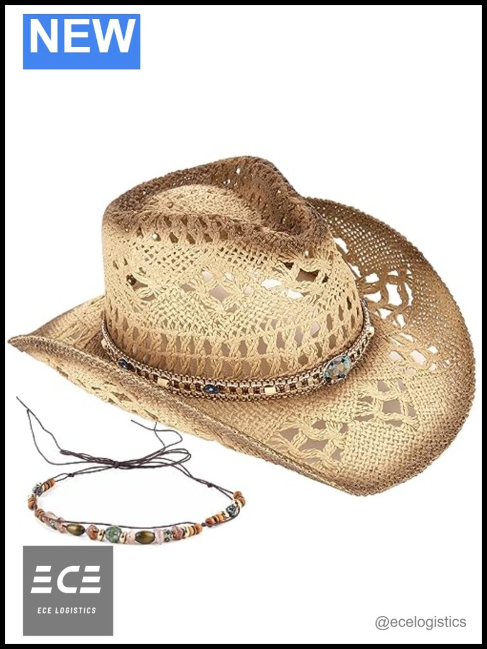 Handmade Woven Straw Cowboy Hat with Two Decorative Bands for Outdoor and Beach